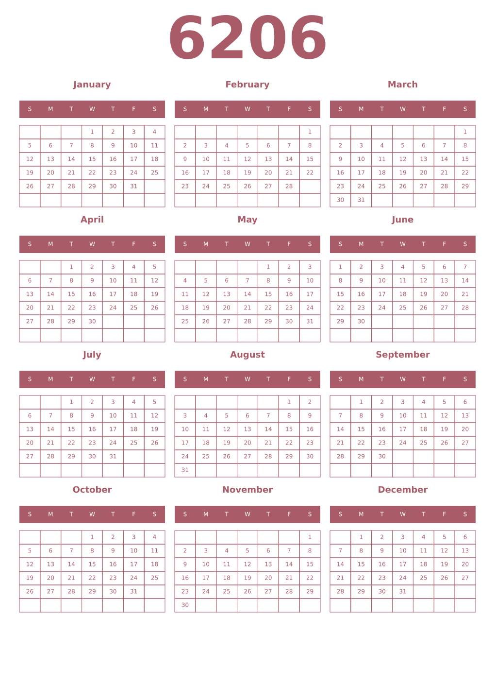 Printable 6206 Year Calendars puce
