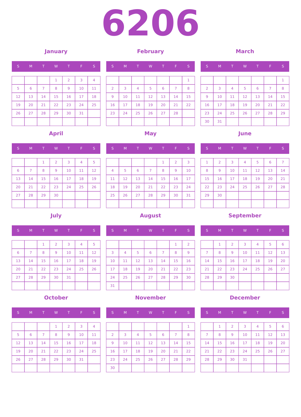 Printable 6206 Year Calendars purple