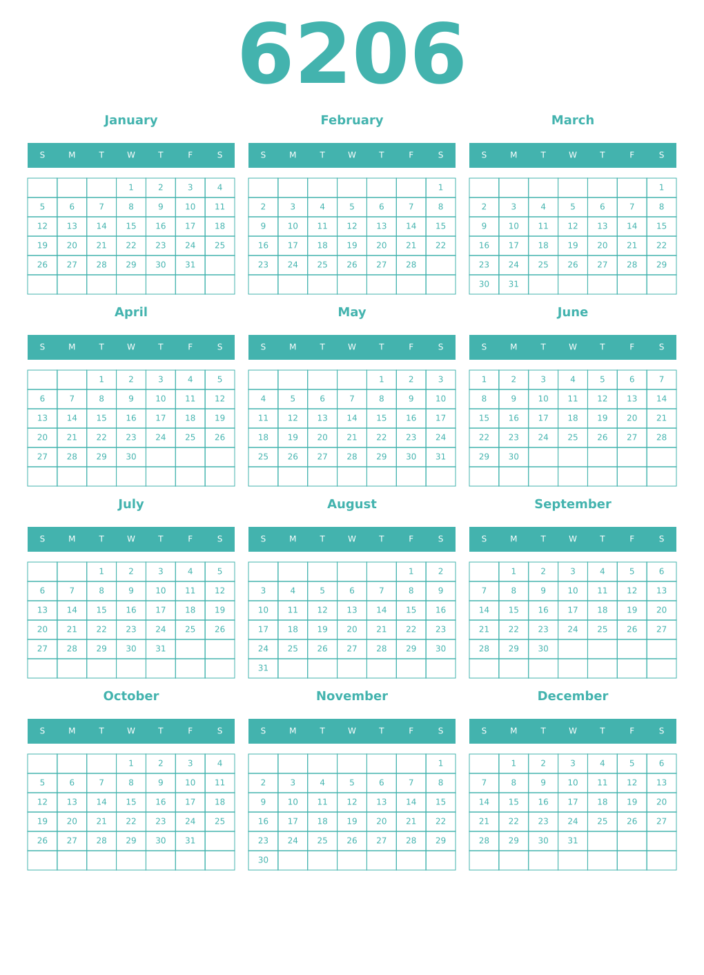 Printable 6206 Year Calendars verdigris