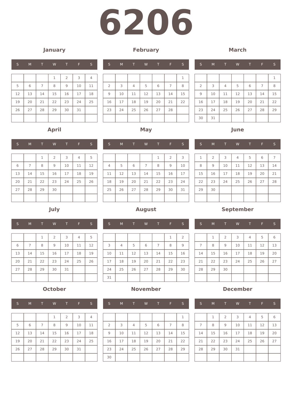 Printable 6206 Year Calendars wenge