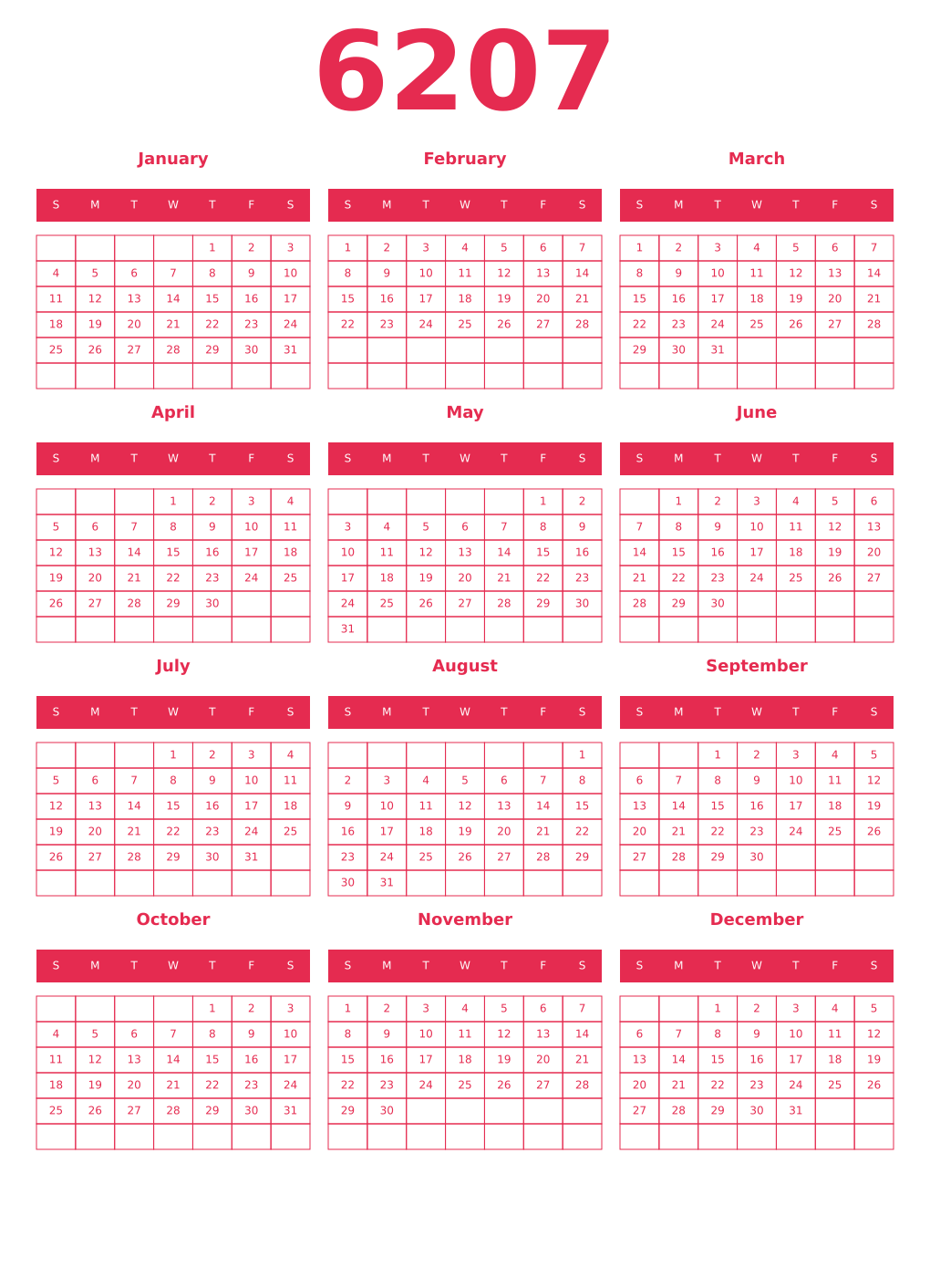 Printable 6207 Year Calendars amaranth