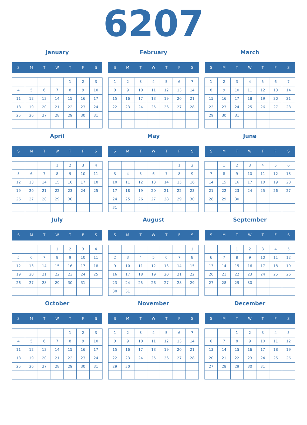 Printable 6207 Year Calendars blue