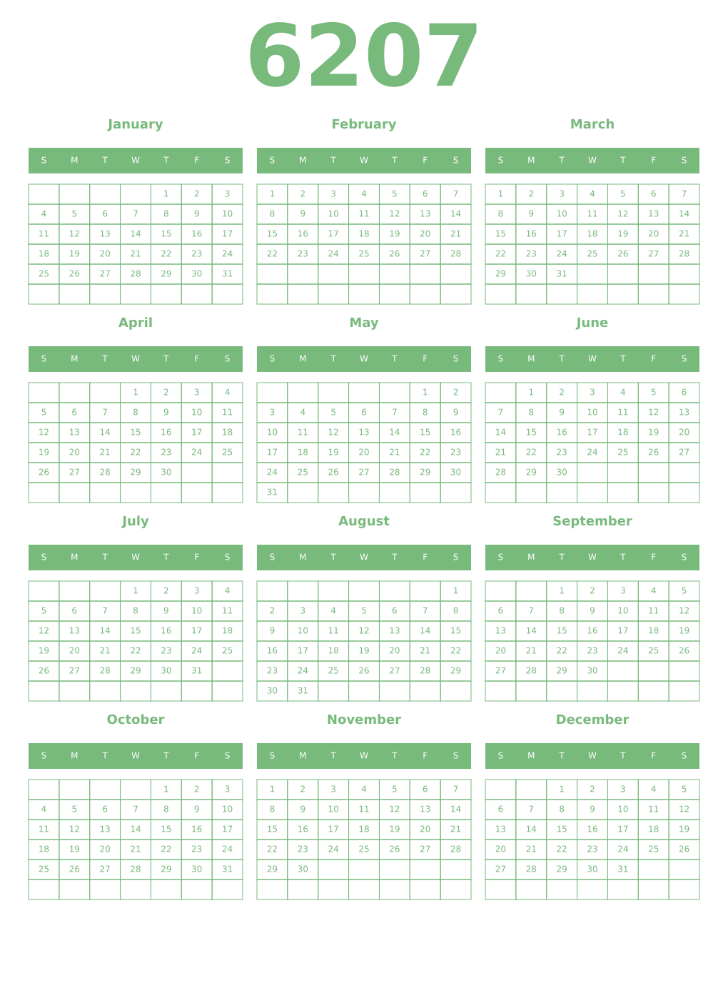 Printable 6207 Year Calendars celadon