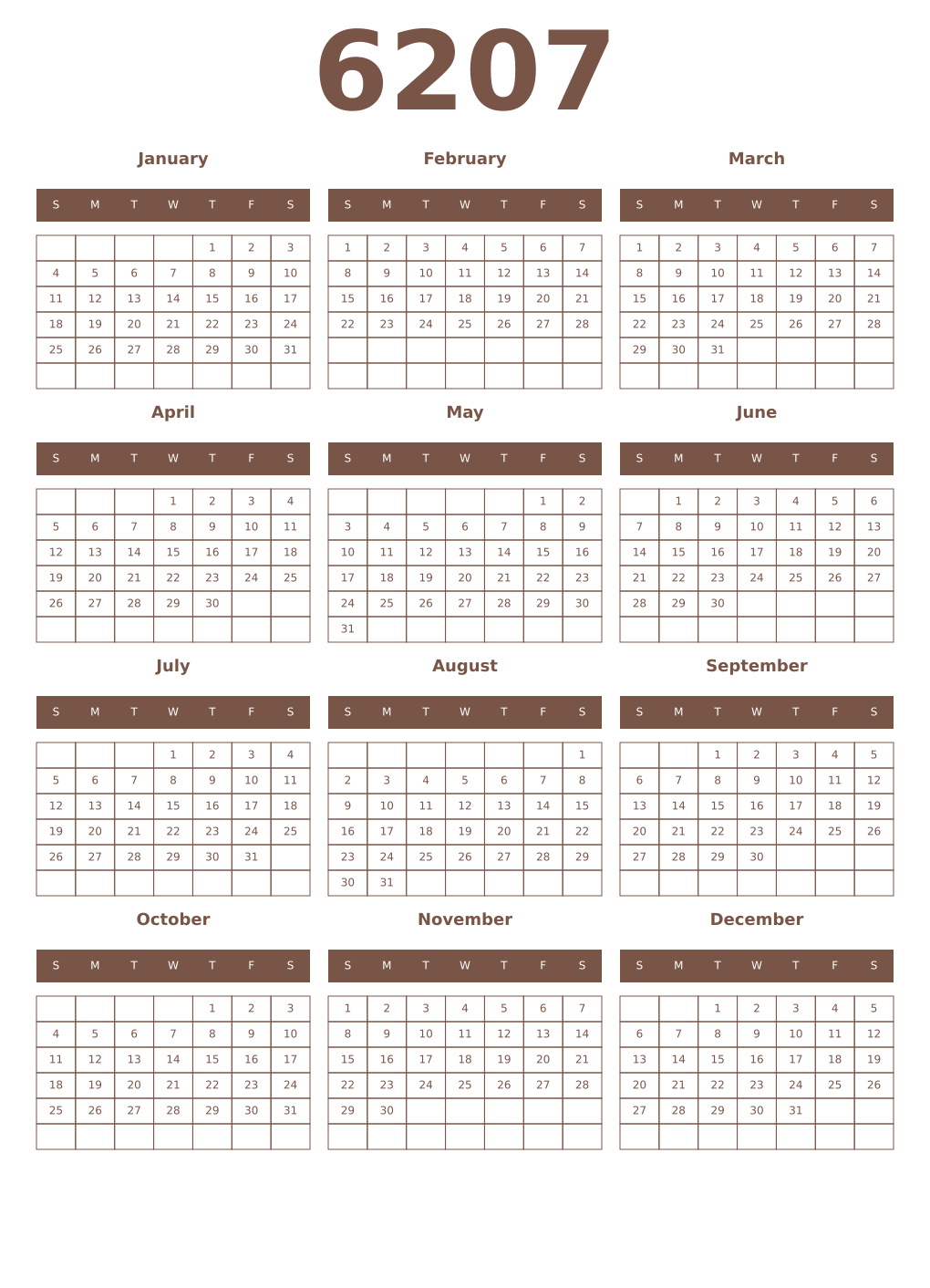 Printable 6207 Year Calendars coffe