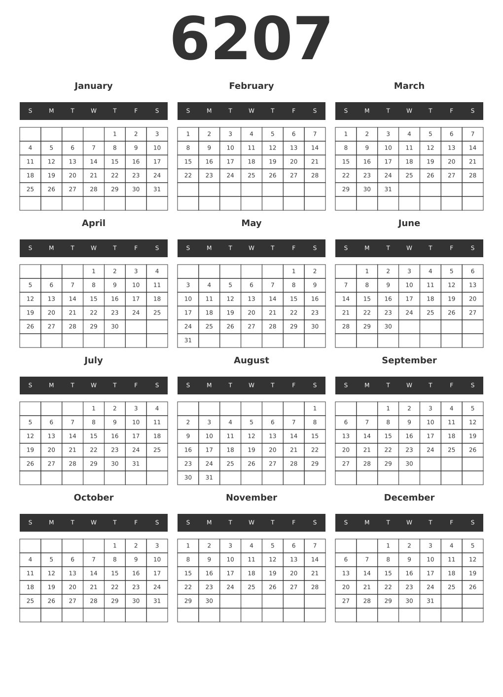 Printable 6207 Year Calendars dark