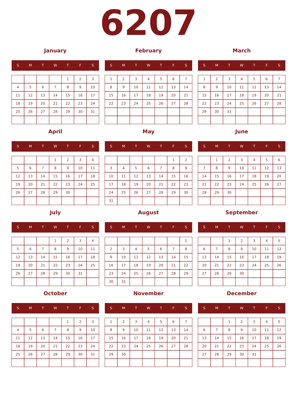 Printable 6207 Year Calendars falu