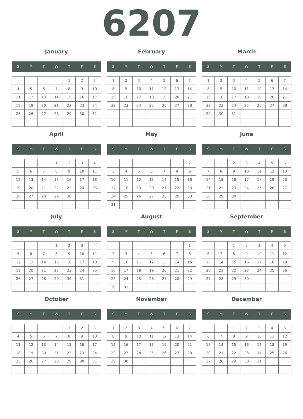 Printable 6207 Year Calendars feldgrau