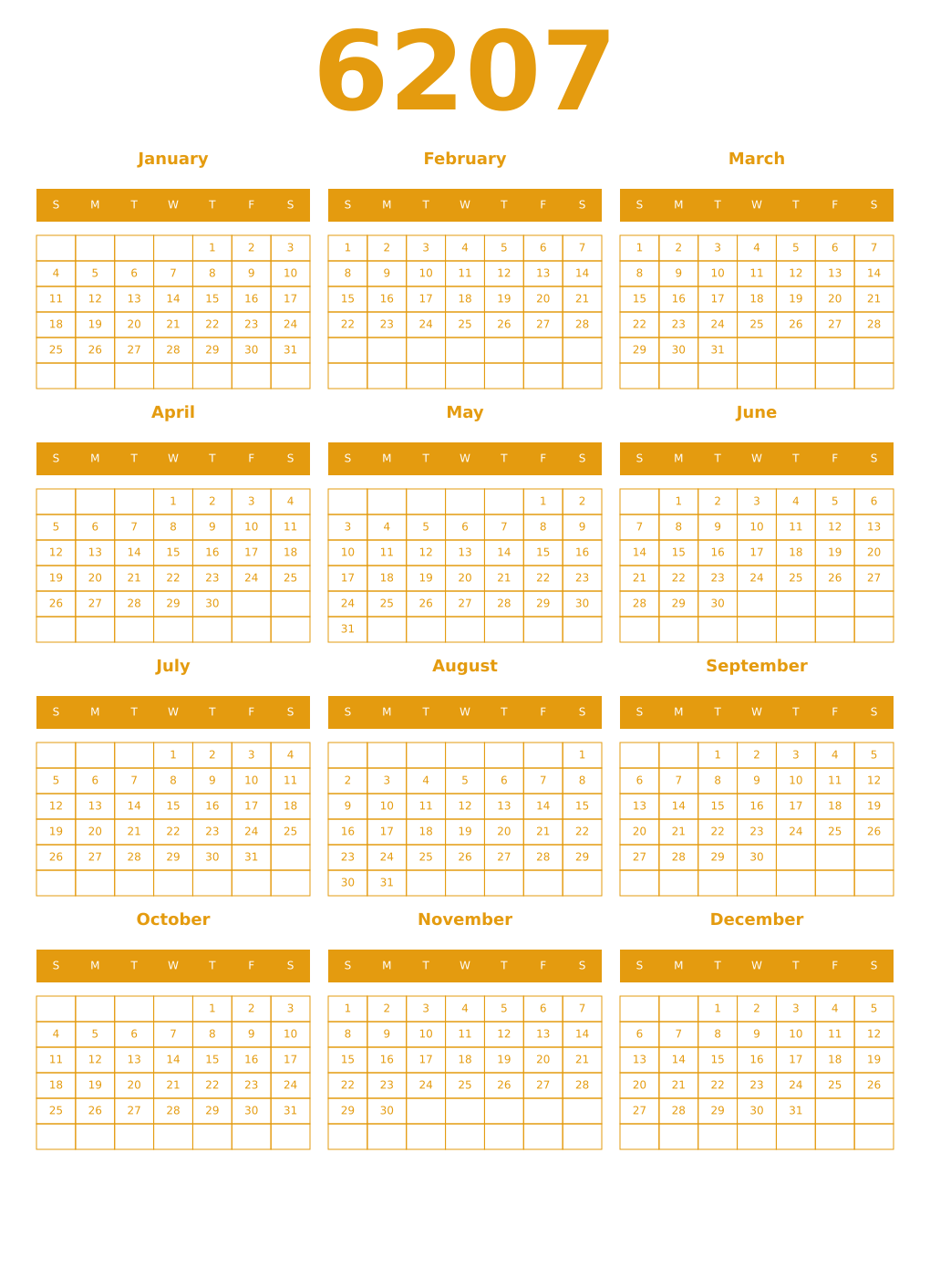 Printable 6207 Year Calendars gamboge