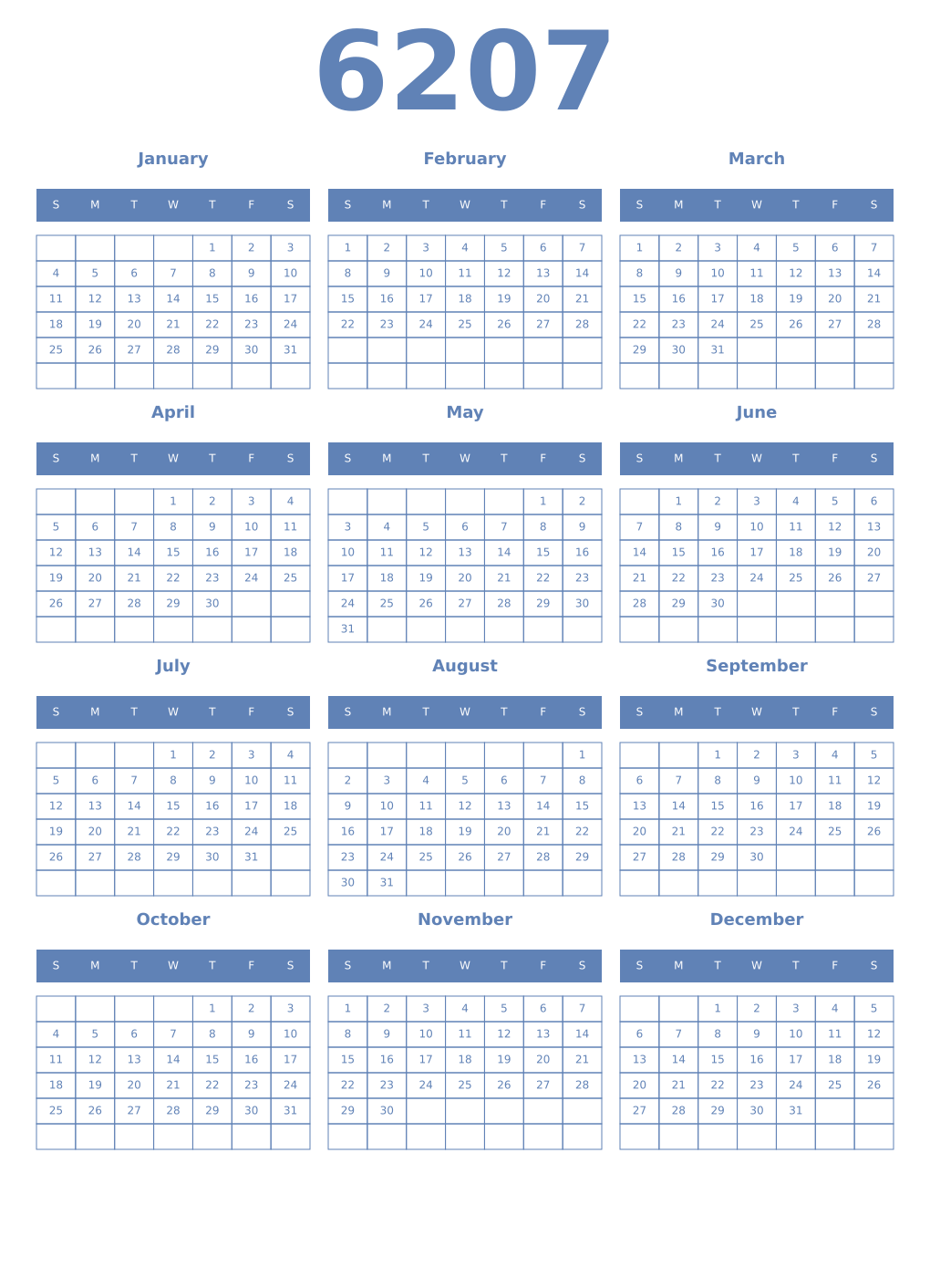Printable 6207 Year Calendars glaucous