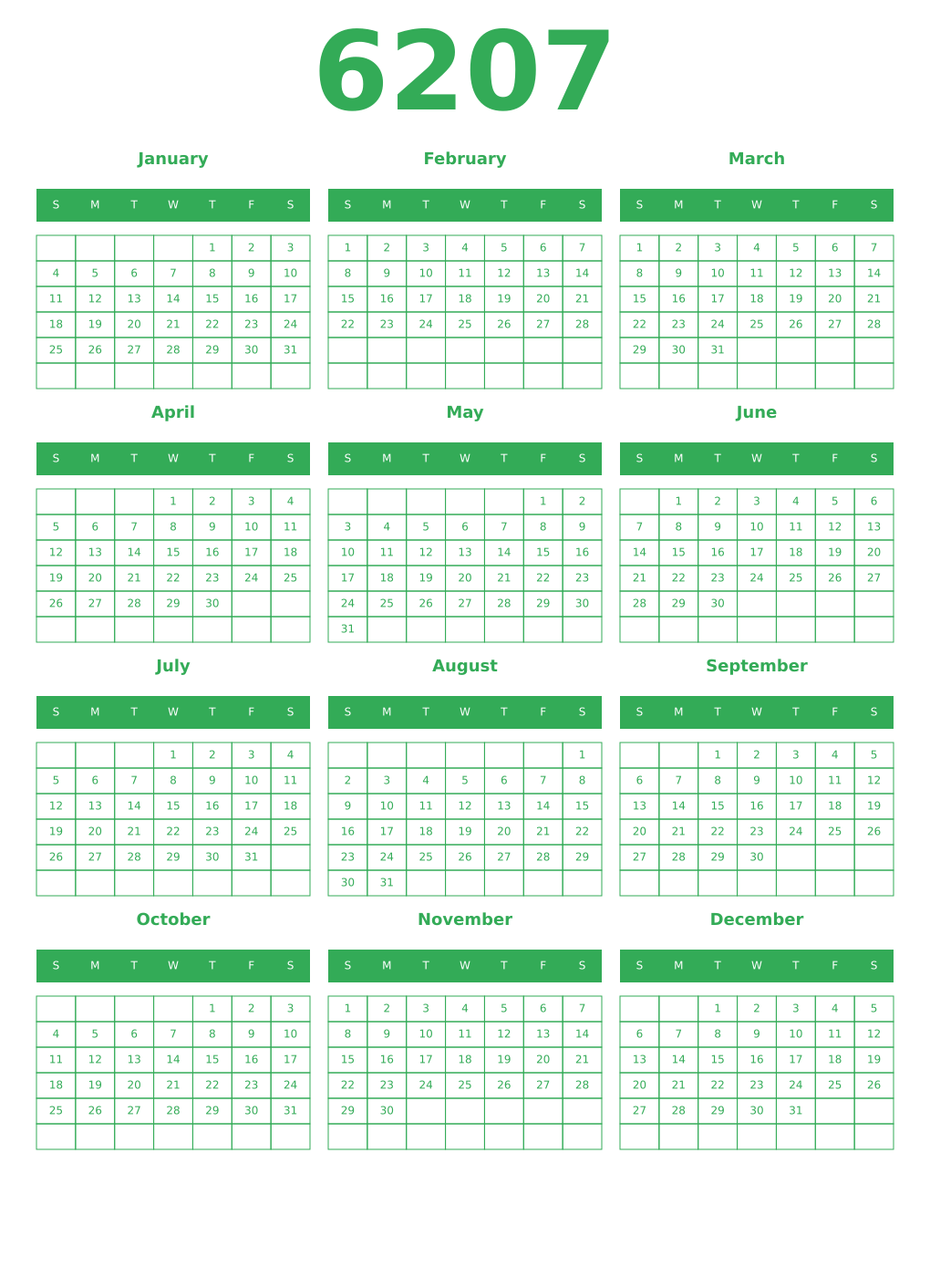 Printable 6207 Year Calendars green