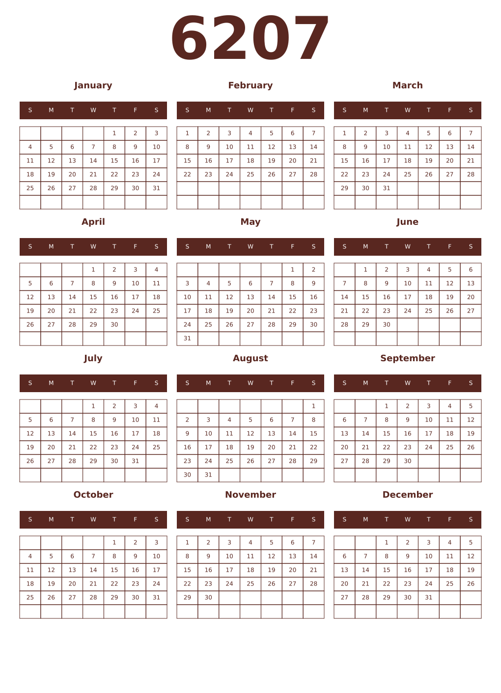 Printable 6207 Year Calendars mortuum