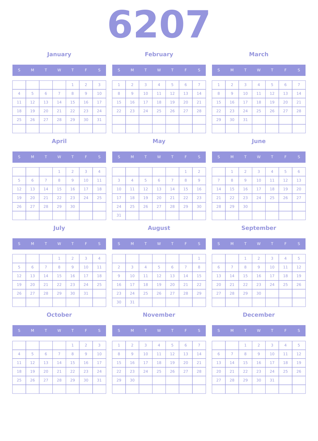 Printable 6207 Year Calendars periwinkle