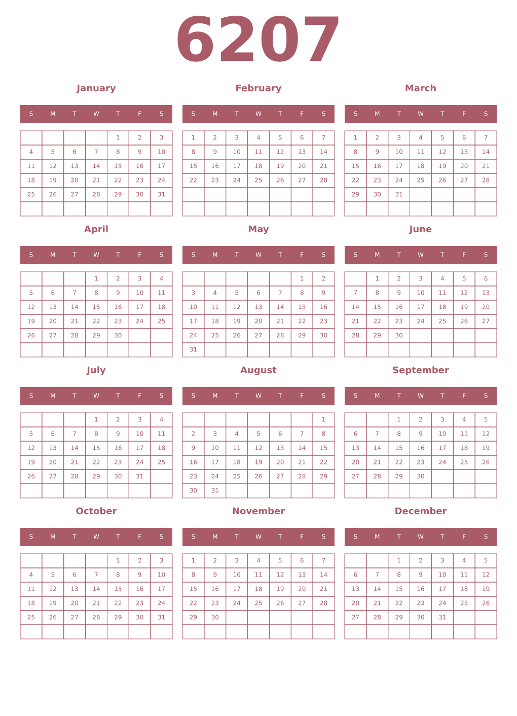 Printable 6207 Year Calendars puce