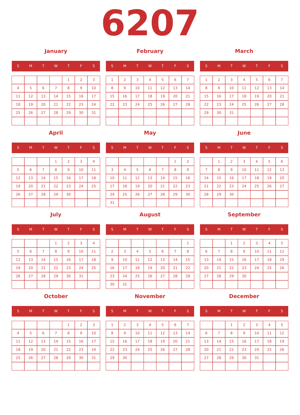 Printable 6207 Year Calendars red