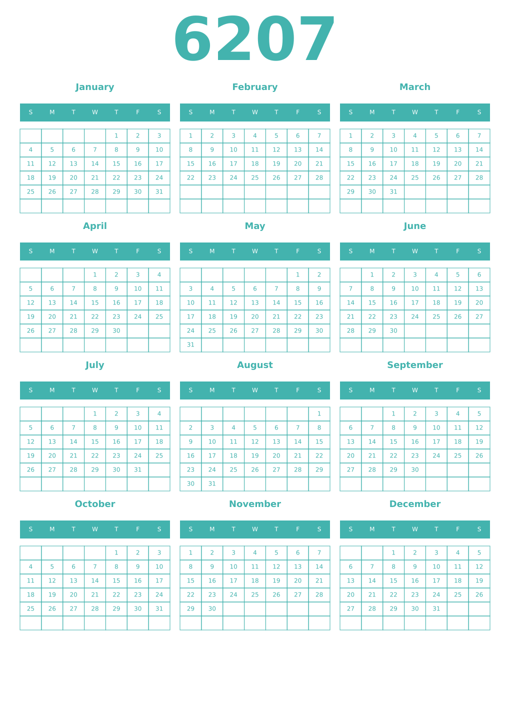 Printable 6207 Year Calendars verdigris