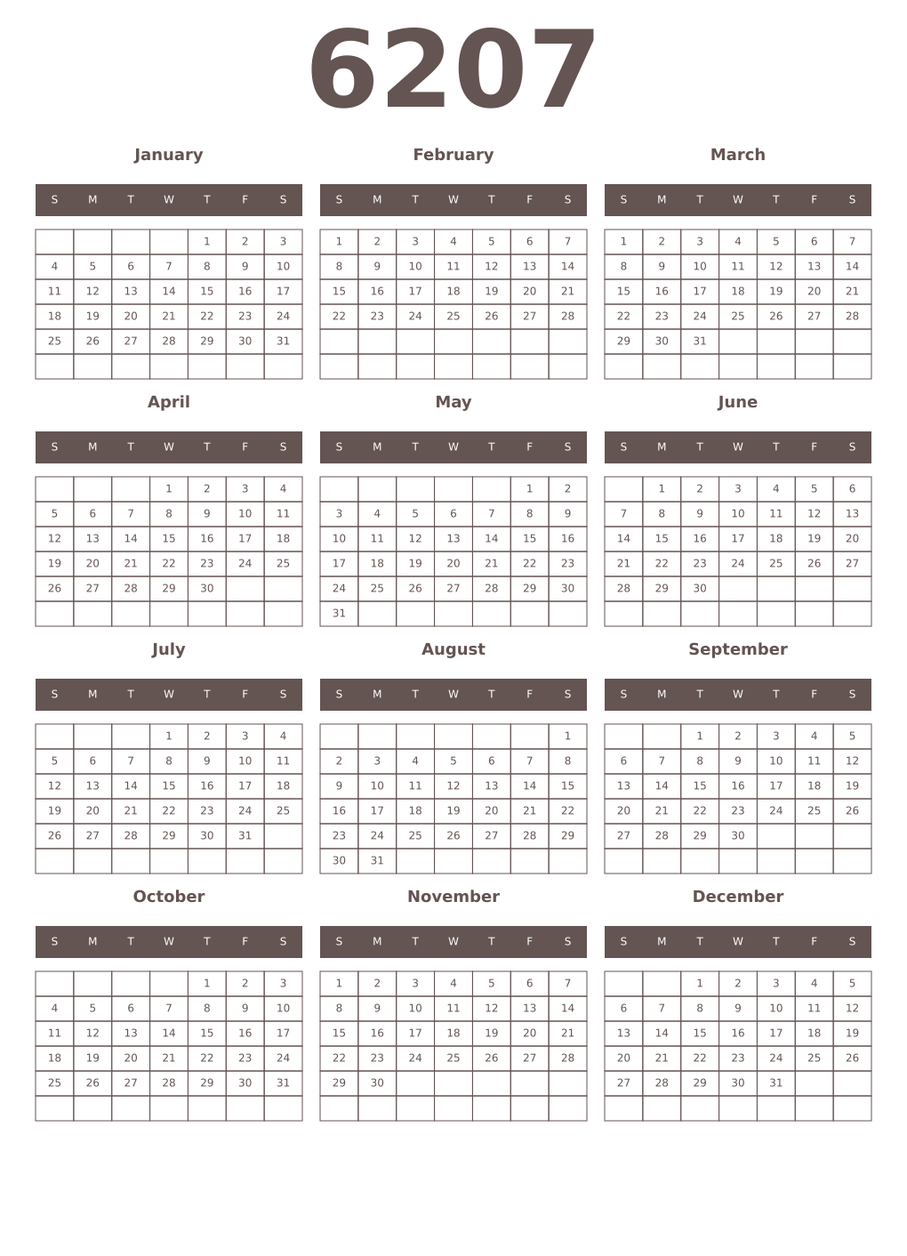 Printable 6207 Year Calendars wenge