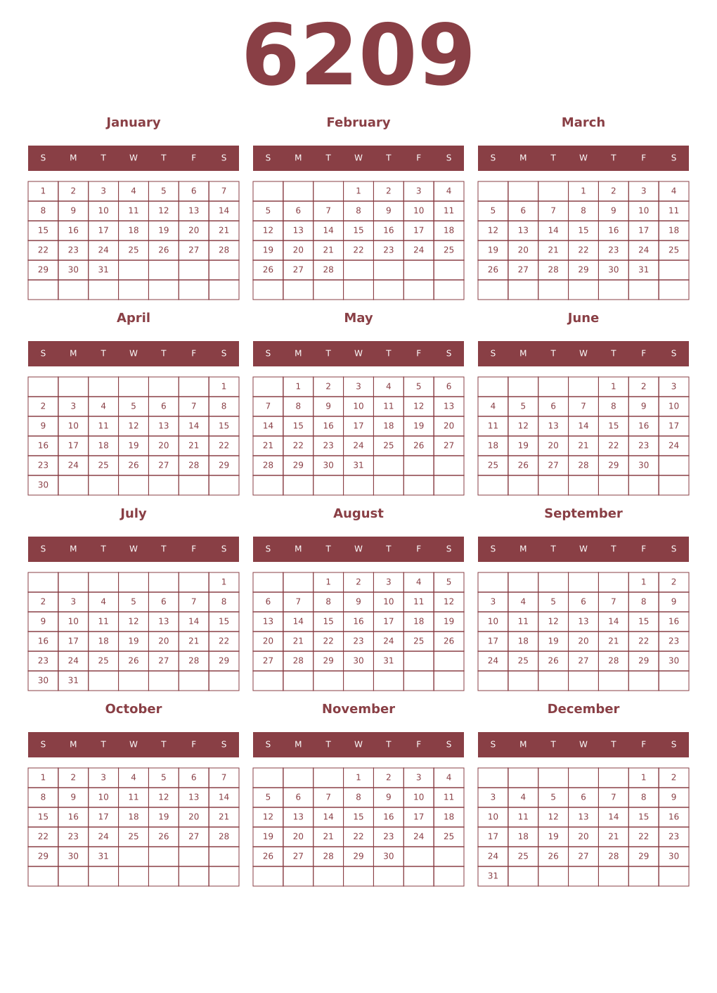 Printable 6209 Year Calendars cordovan
