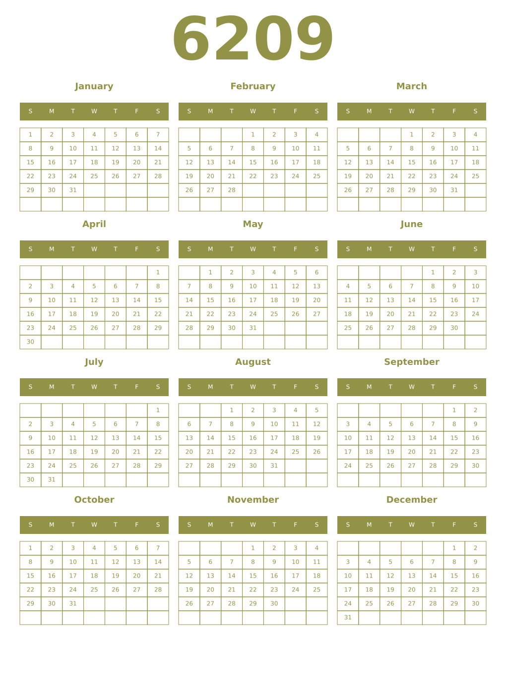 Printable 6209 Year Calendars eburnean