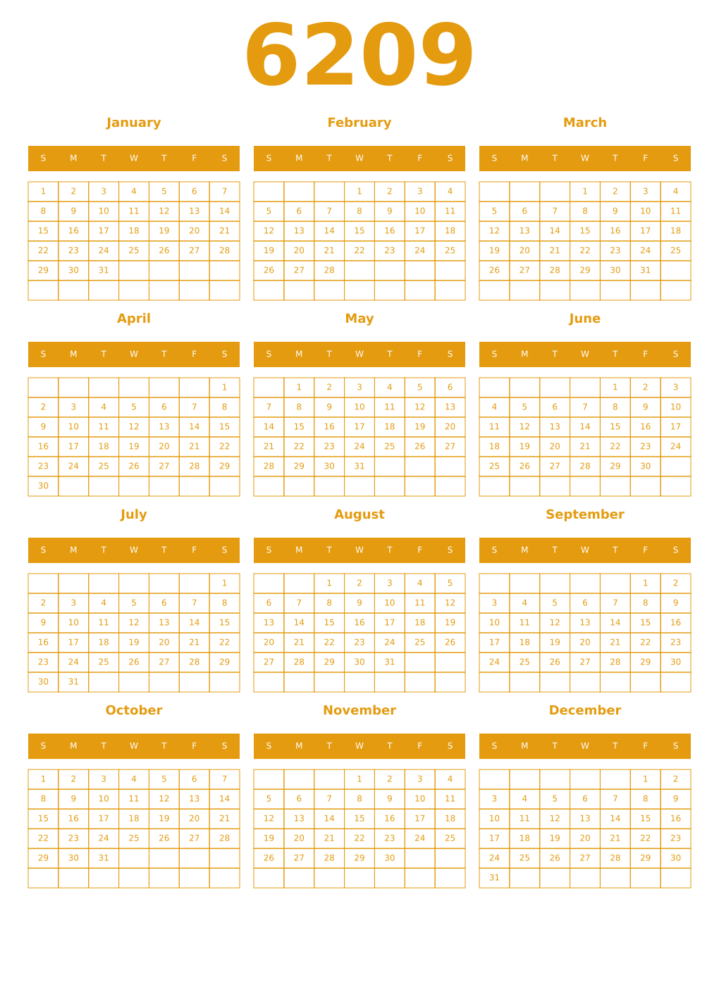 Printable 6209 Year Calendars gamboge