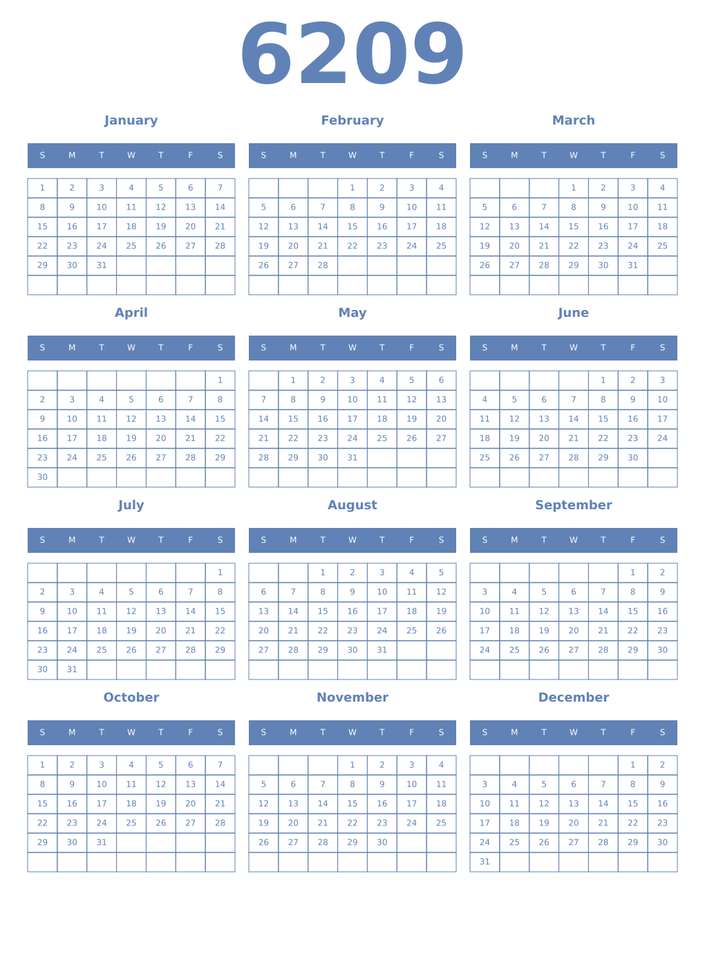 Printable 6209 Year Calendars glaucous