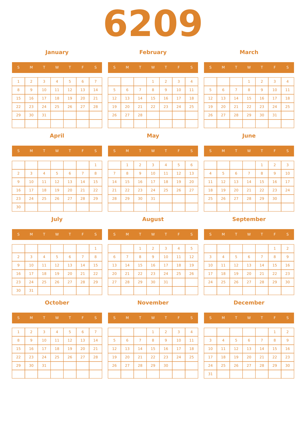 Printable 6209 Year Calendars orange