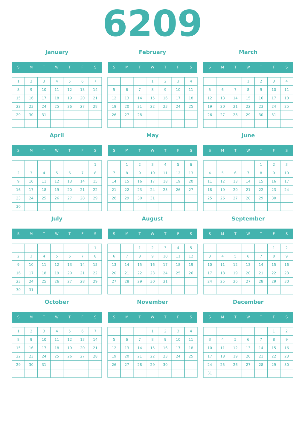 Printable 6209 Year Calendars verdigris