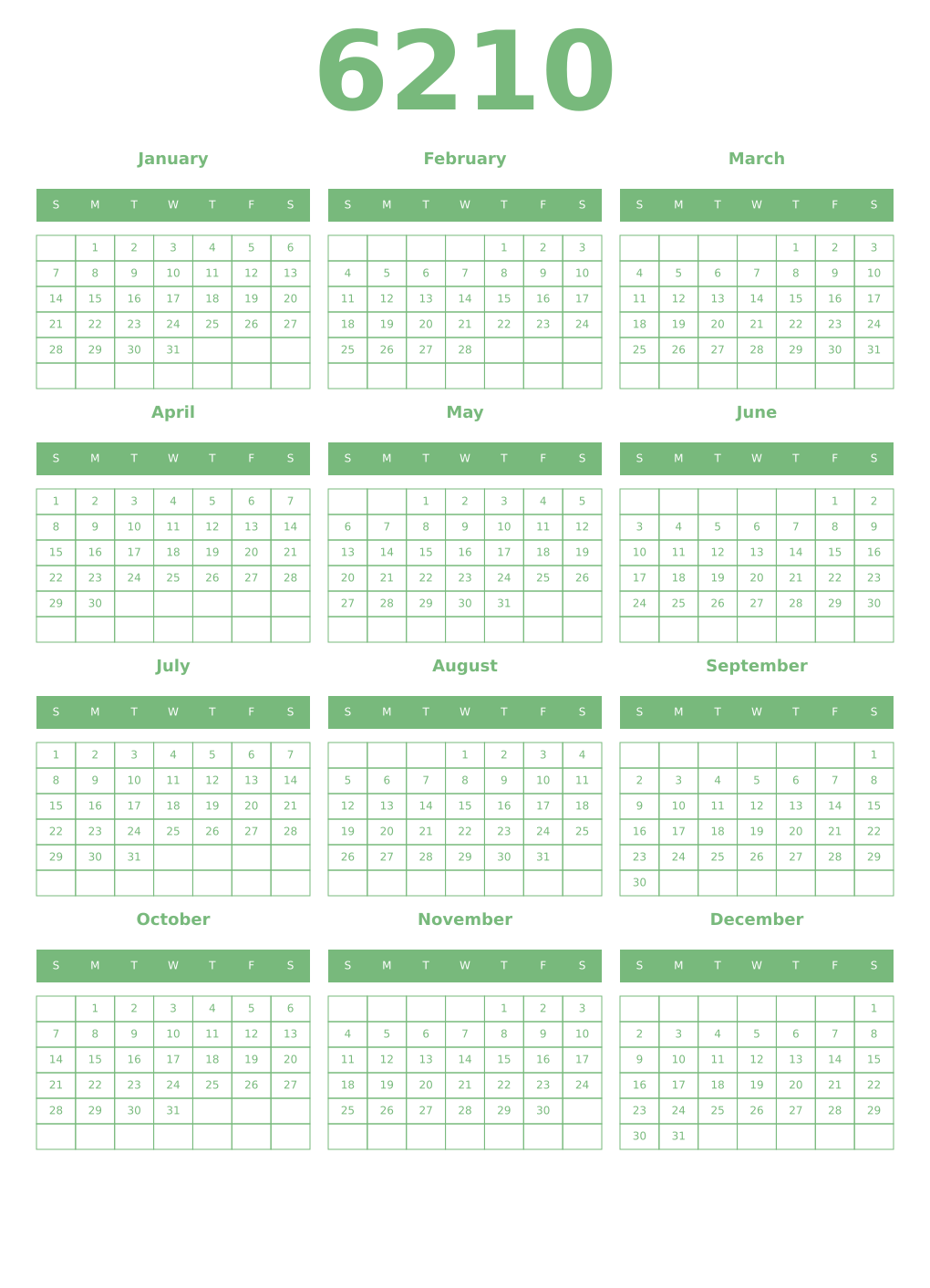 Printable 6210 Year Calendars celadon