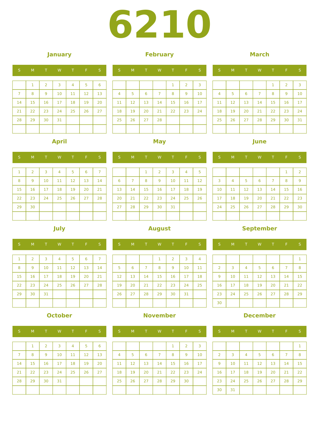 Printable 6210 Year Calendars chartreuse