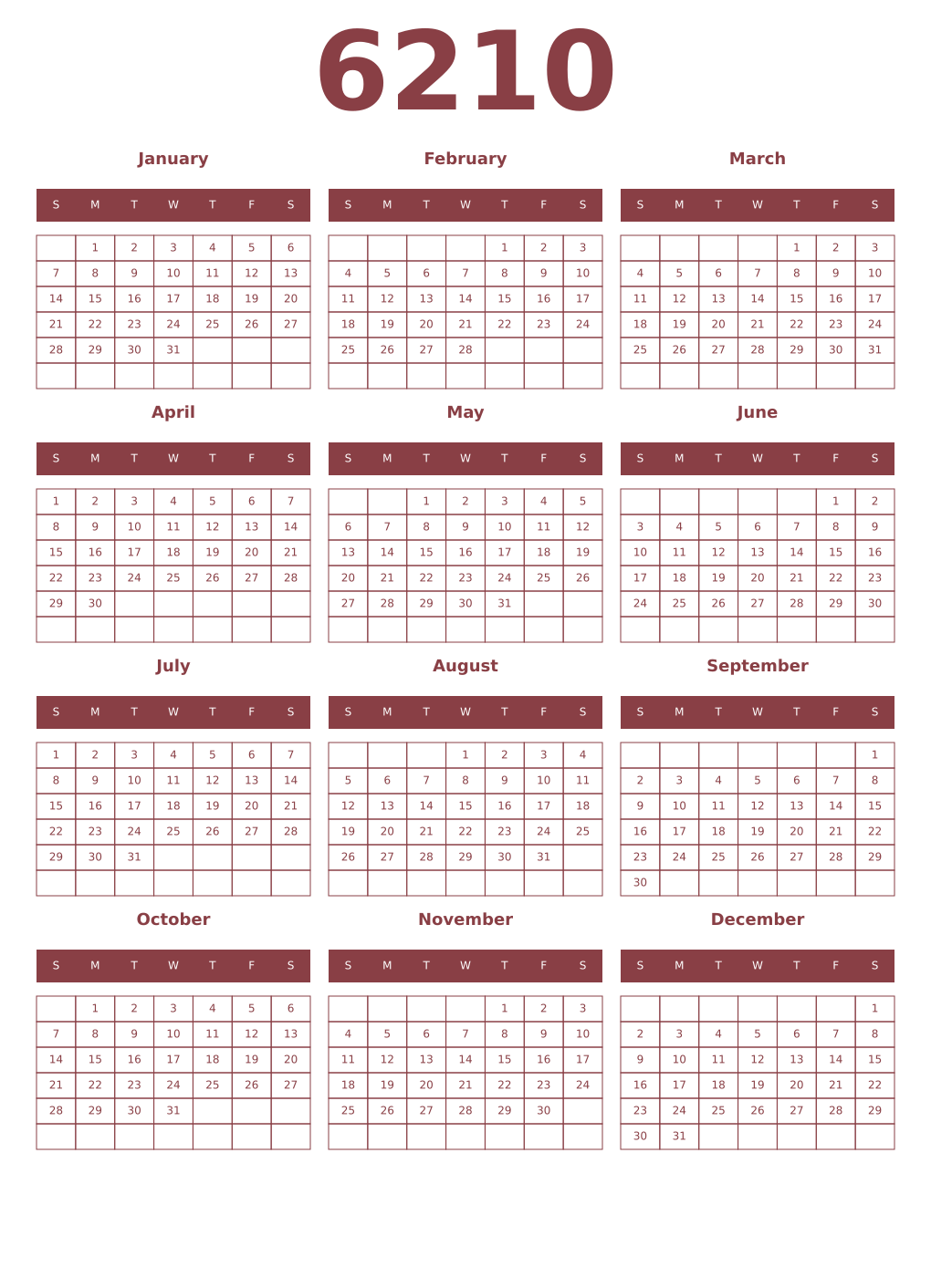 Printable 6210 Year Calendars cordovan