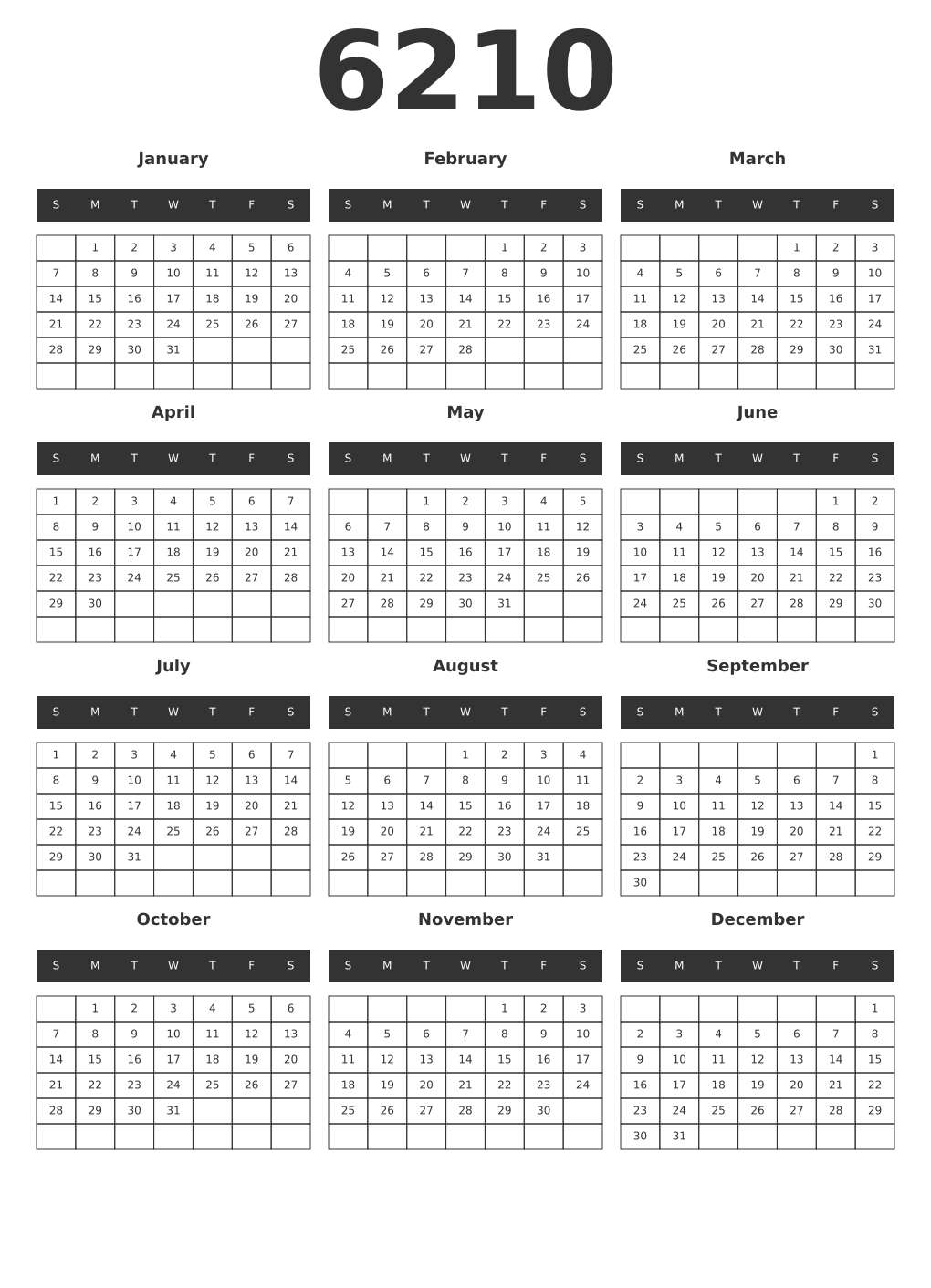 Printable 6210 Year Calendars dark