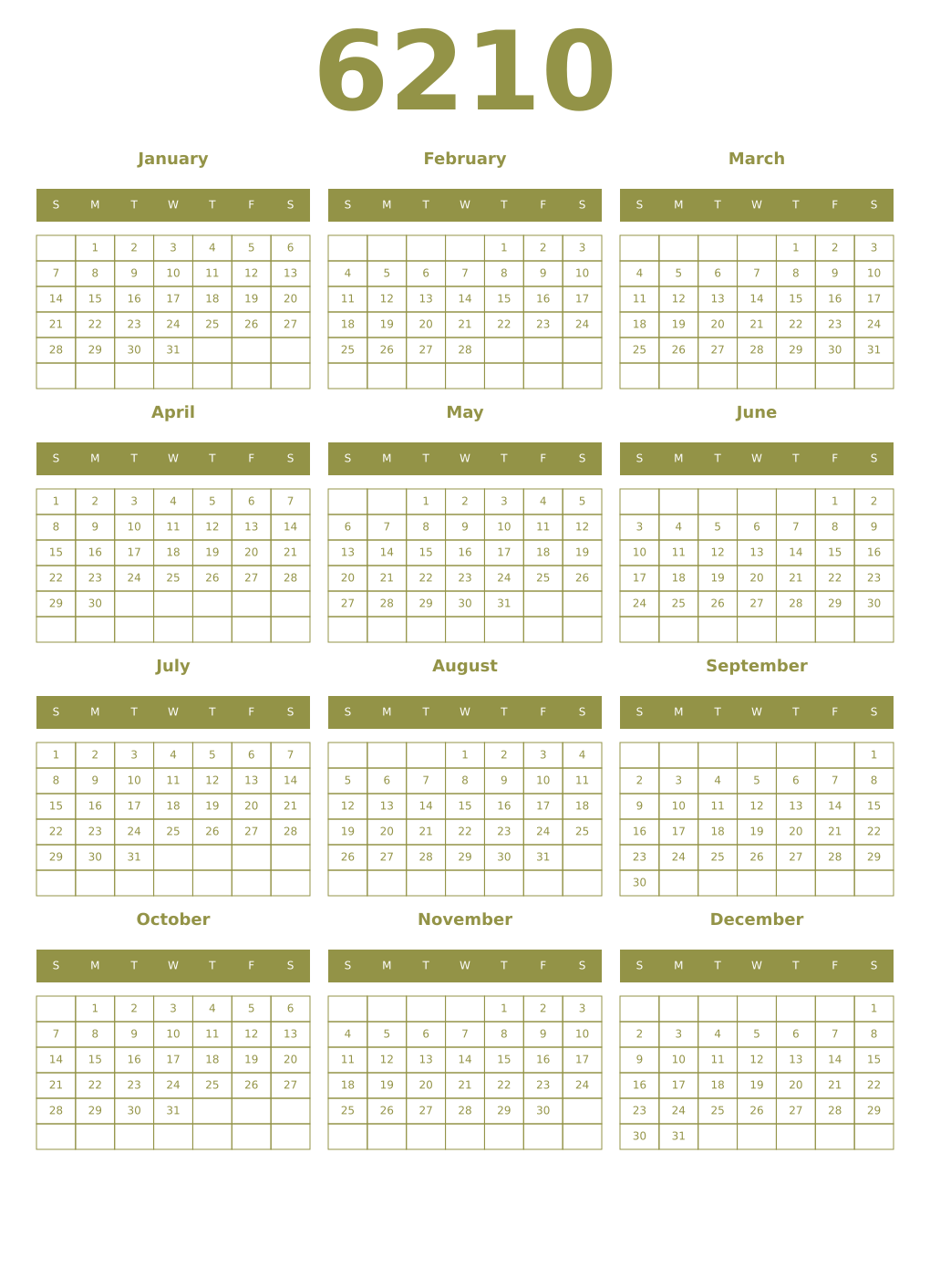 Printable 6210 Year Calendars eburnean