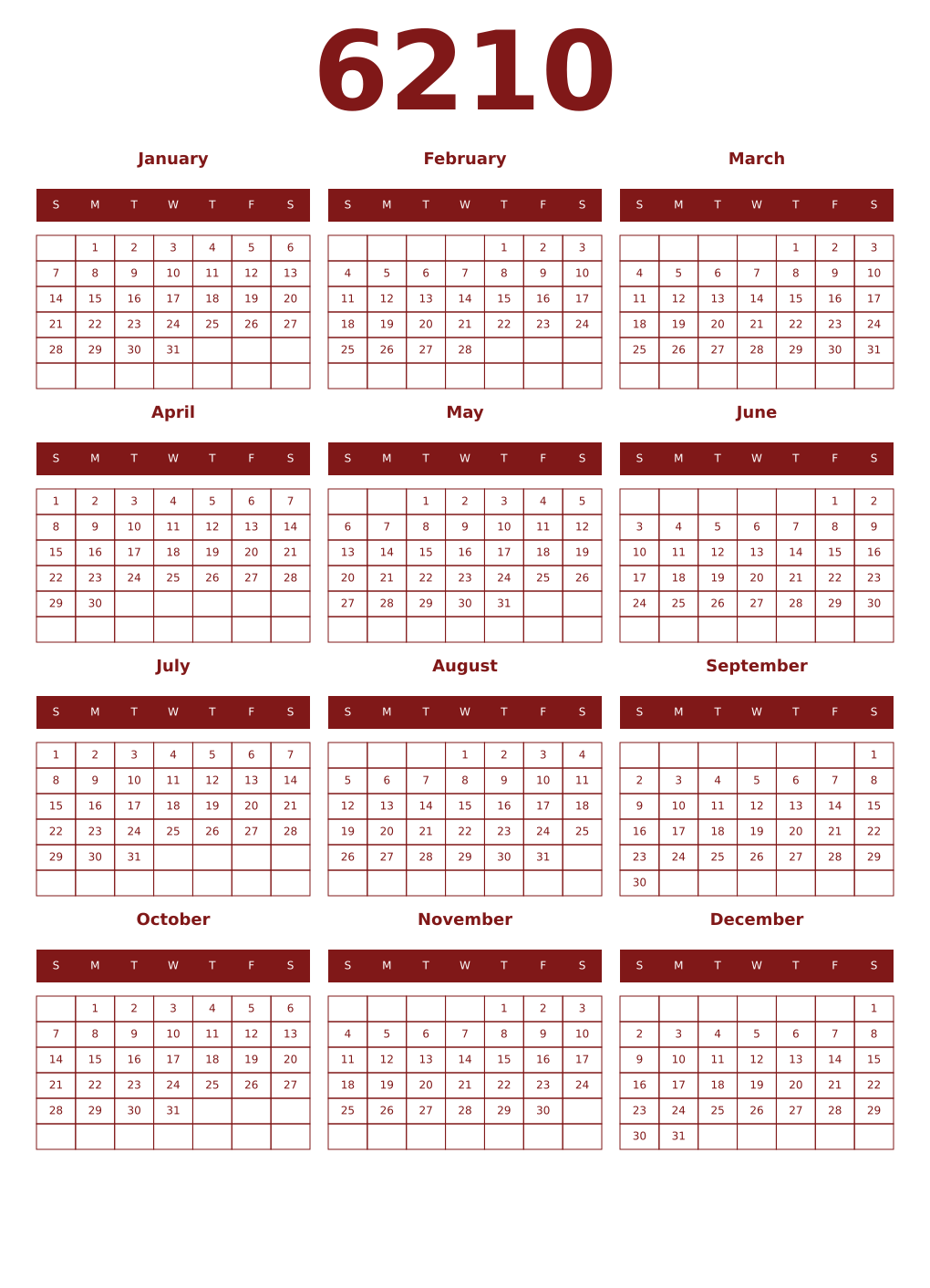 Printable 6210 Year Calendars falu