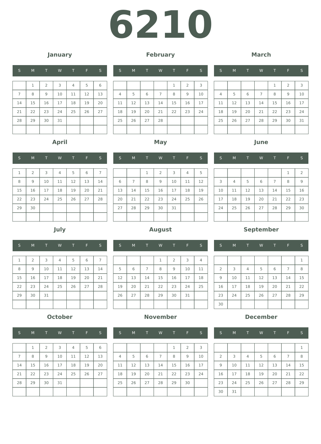 Printable 6210 Year Calendars feldgrau