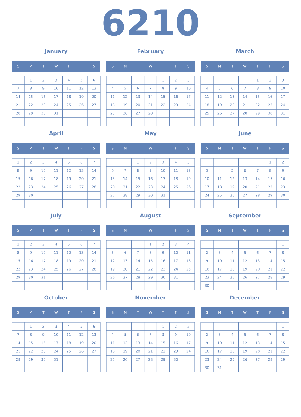 Printable 6210 Year Calendars glaucous
