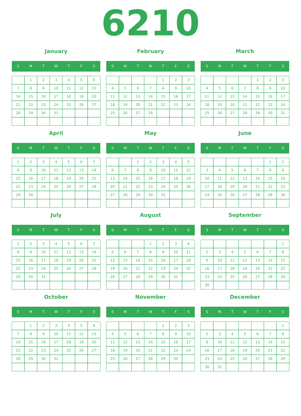 Printable 6210 Year Calendars green