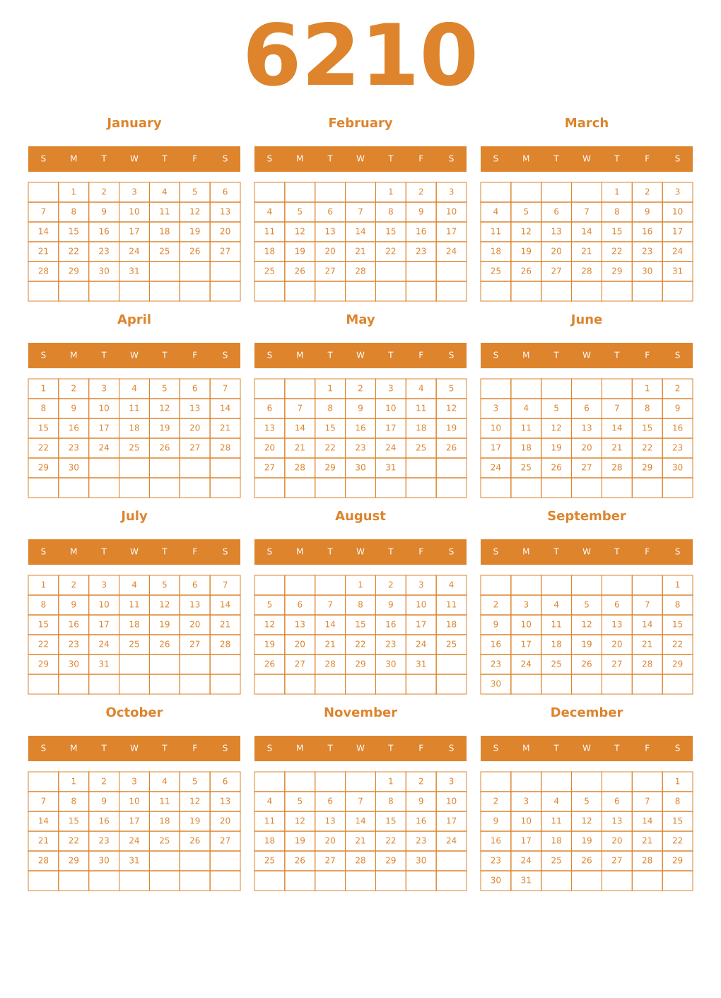 Printable 6210 Year Calendars orange