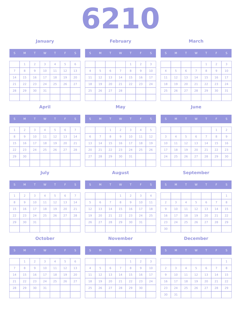 Printable 6210 Year Calendars periwinkle