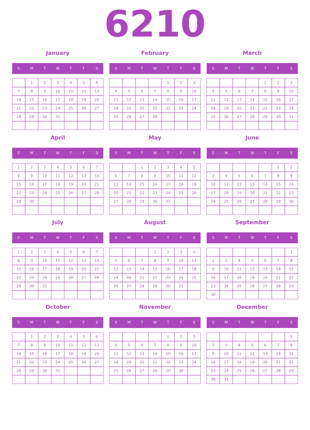 Printable 6210 Year Calendars purple