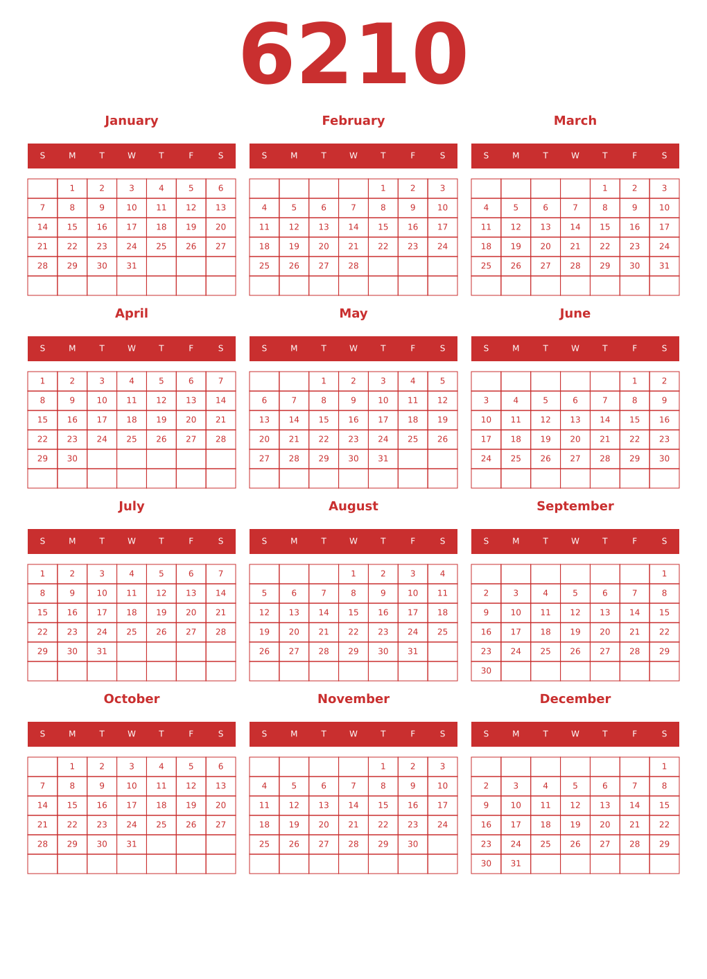 Printable 6210 Year Calendars red