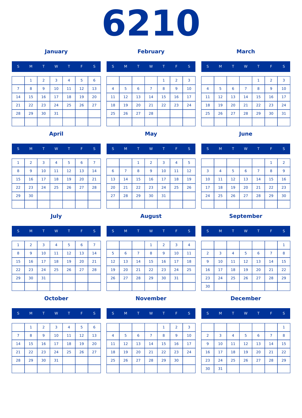 Printable 6210 Year Calendars smalt