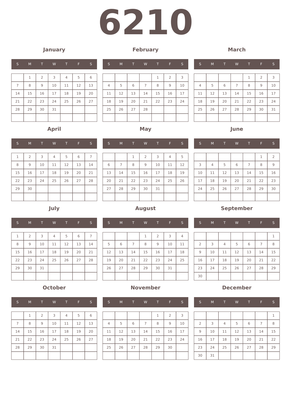 Printable 6210 Year Calendars wenge