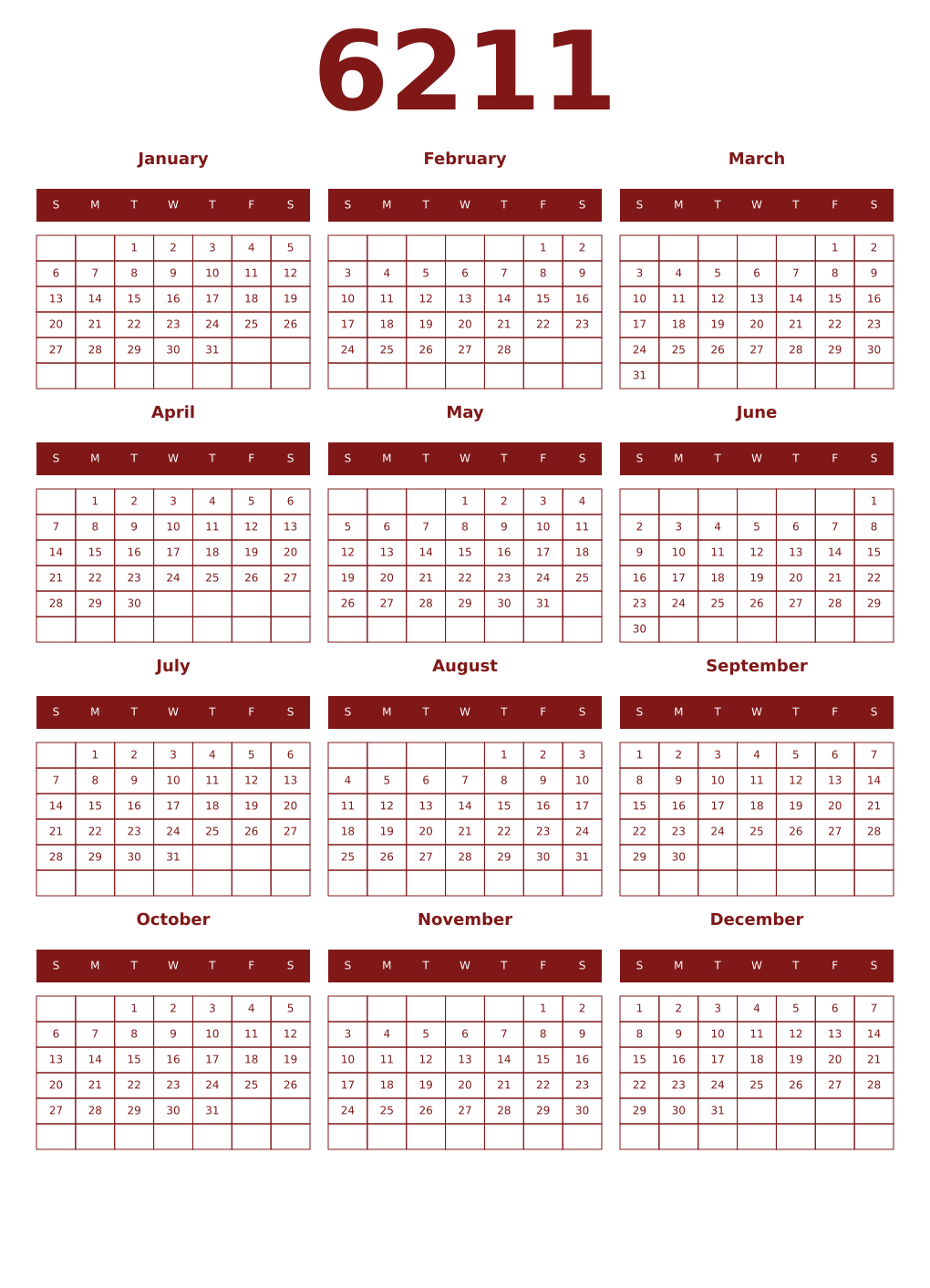 Printable 6211 Year Calendars falu