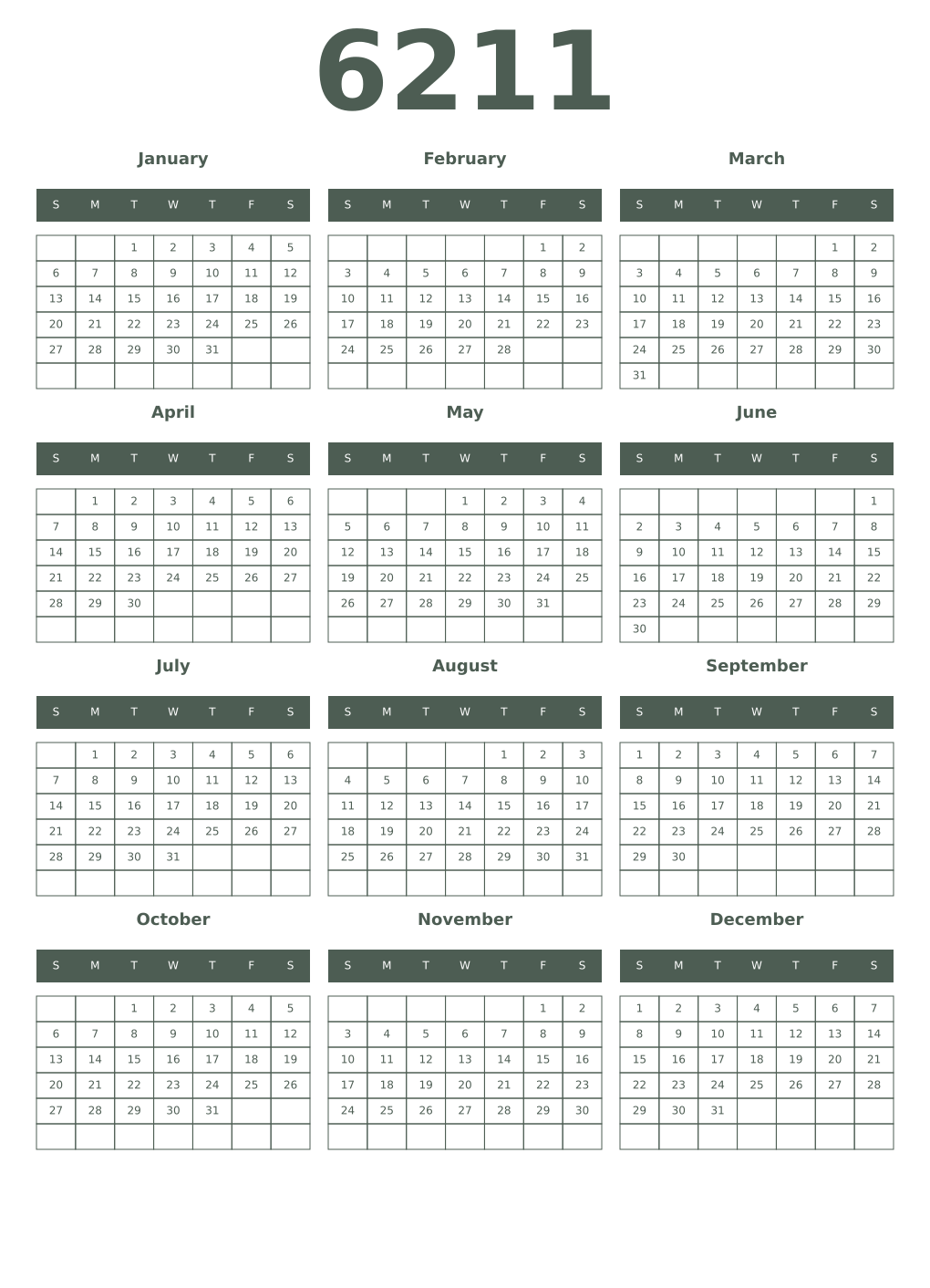 Printable 6211 Year Calendars feldgrau