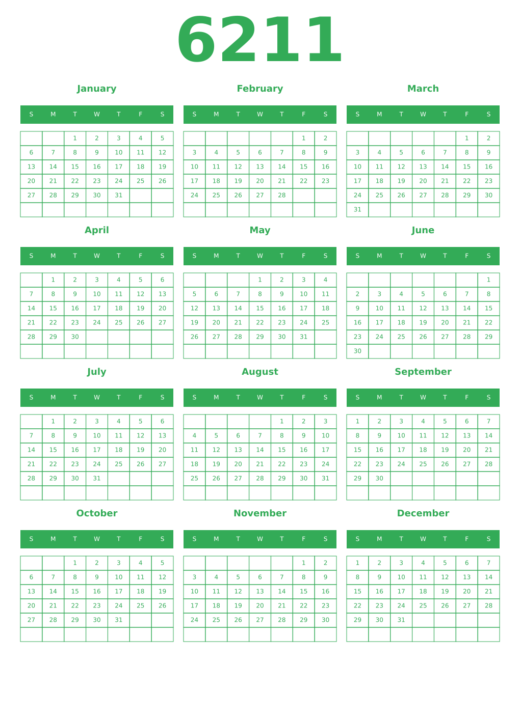 Printable 6211 Year Calendars green