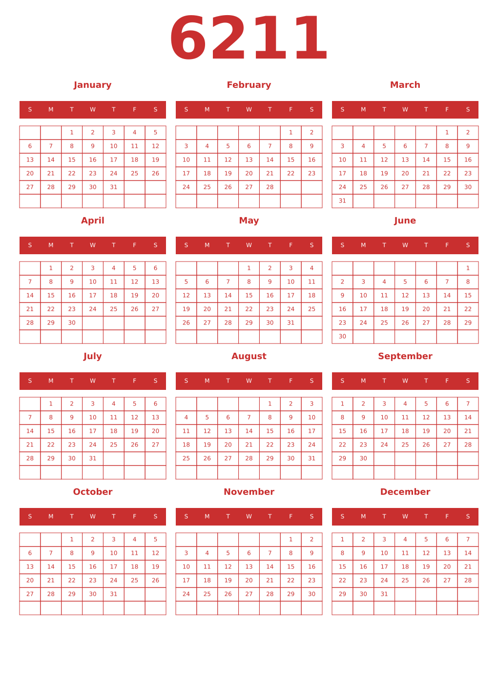 Printable 6211 Year Calendars red