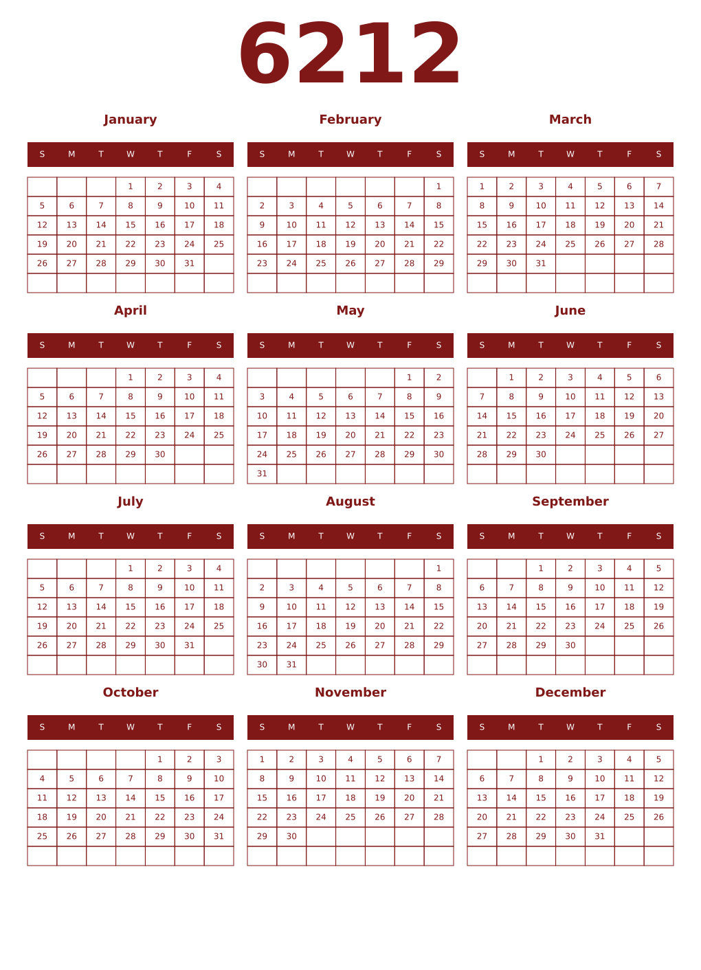 Printable 6212 Year Calendars falu