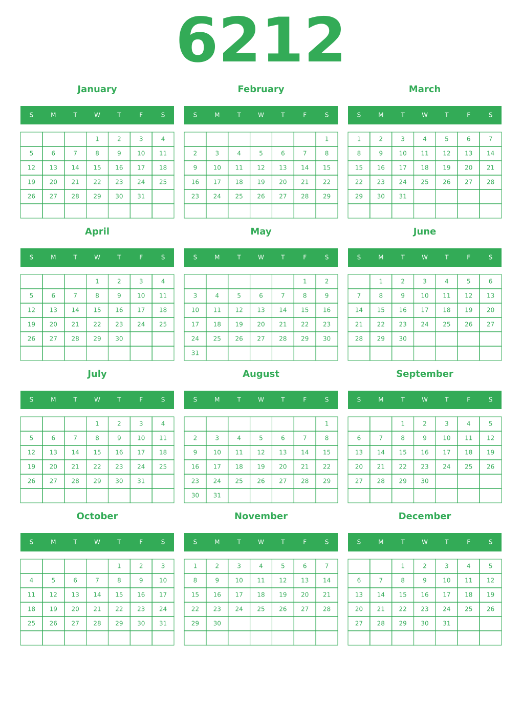 Printable 6212 Year Calendars green