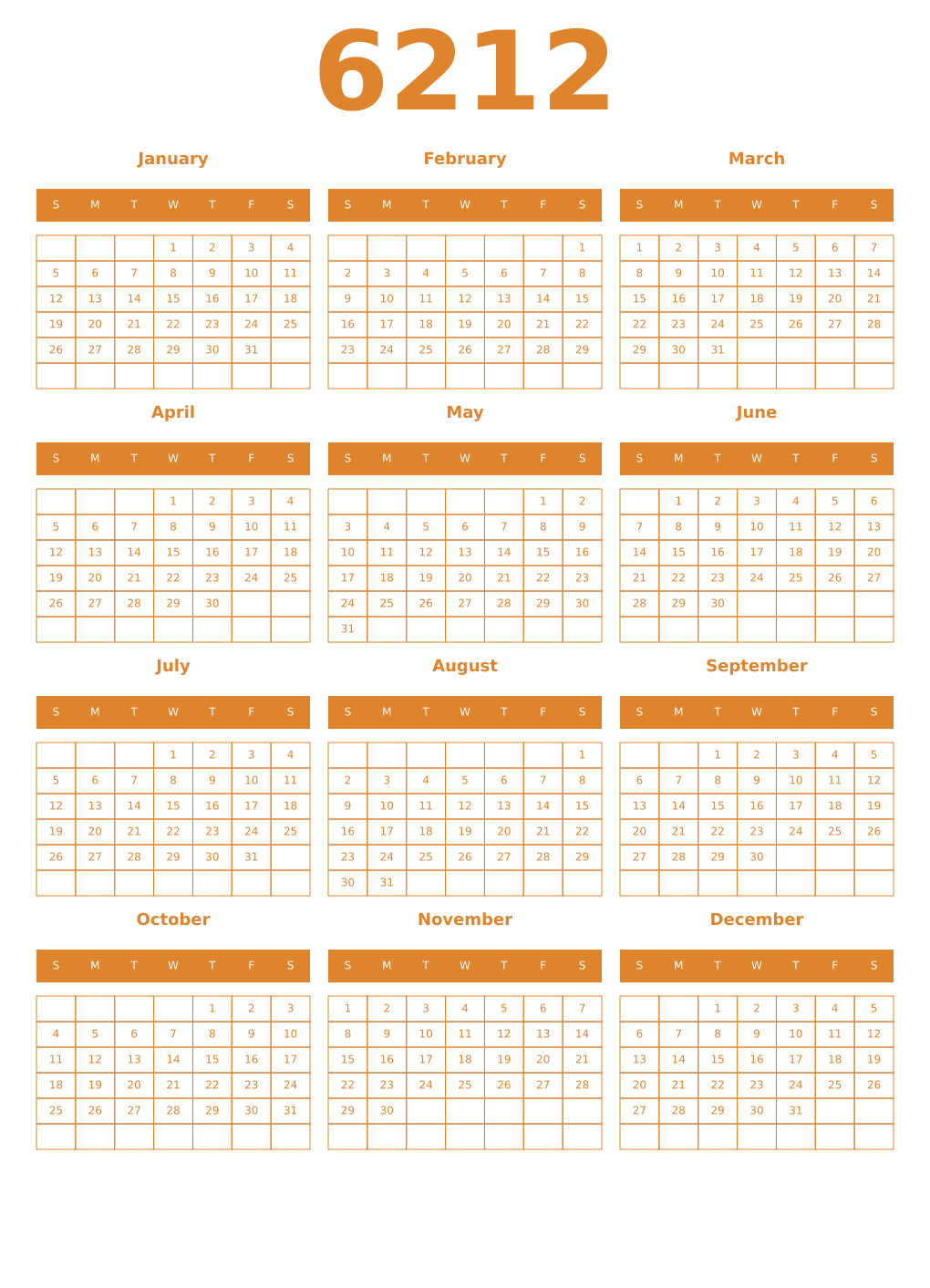 Printable 6212 Year Calendars orange