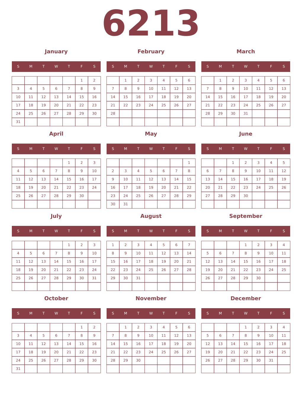 Printable 6213 Year Calendars cordovan