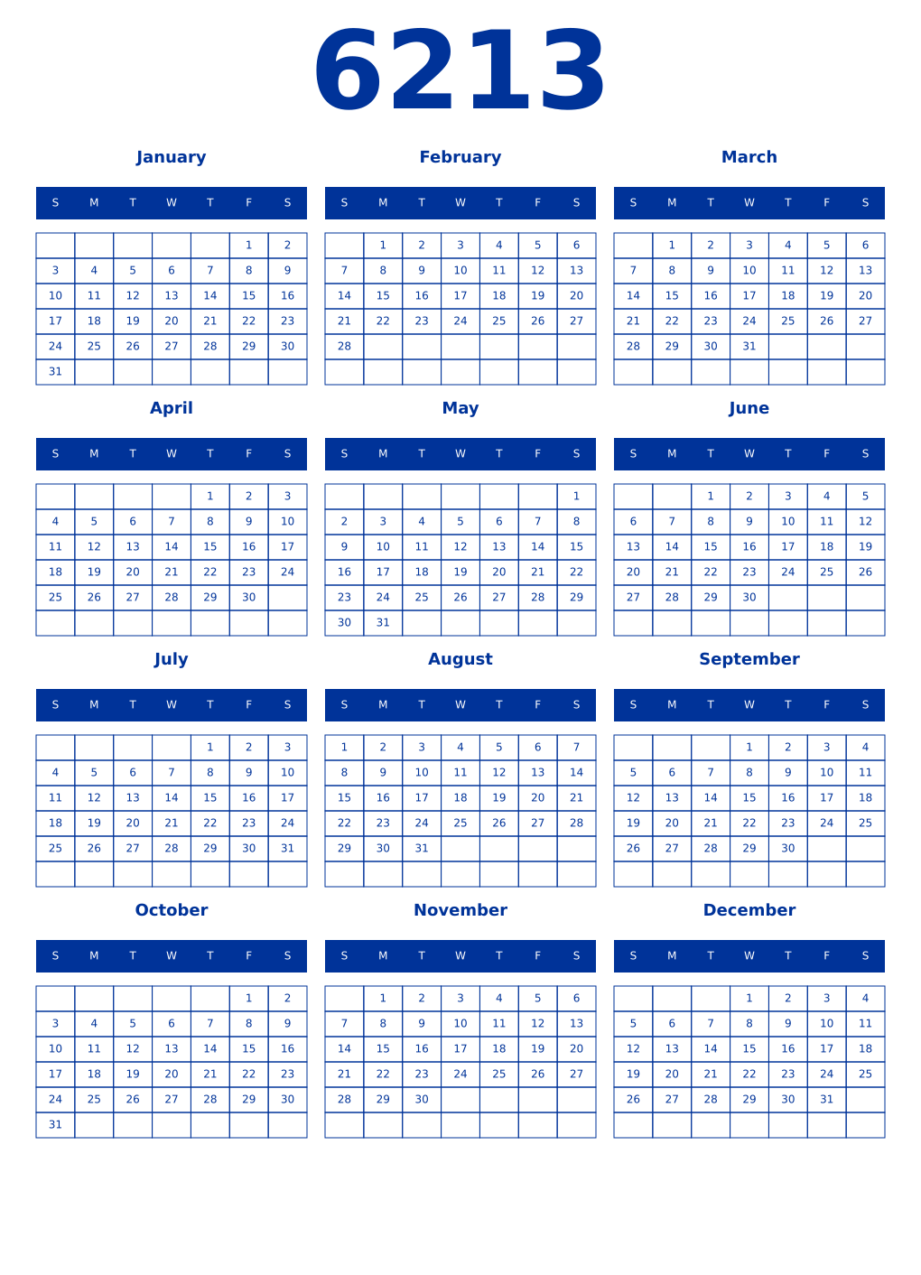 Printable 6213 Year Calendars smalt